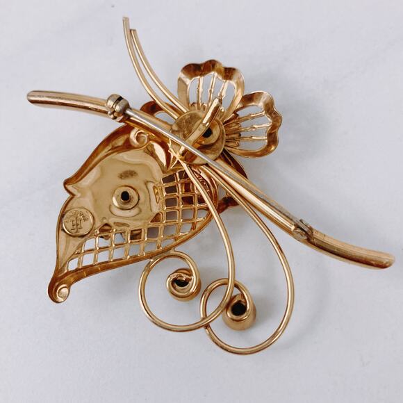 VTG Signed Harry Iskin 12K GF Blue Rhinestone Floral Brooch Mid Century 1950s - Picture 9 of 11